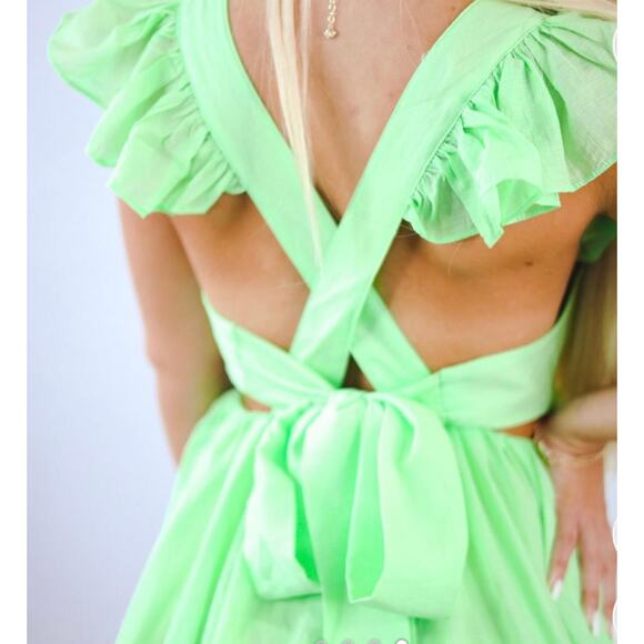 Mable Lime Green Baby Doll Mini Dress w/ Big Bow Tie Back – Size Small - Picture 3 of 8